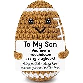 Mini Funny Son Gifts from Mom Dad, Valentines Birthday Gifts for Adults Boys Bonus Step, Positive Football Doll Cheer Up Presents with Inspirational Card, Handmade Emotional Crochet Football for Son