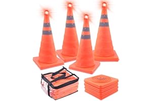 ERKOON 4 Pack 18 inch Collapsible Traffic Cones with Bag, Safety Cones with 4 LED Safety Road Parking Cones Driving Construction Cones Fluorescent Orange Pop Up Reflective Safety Traffic Cones