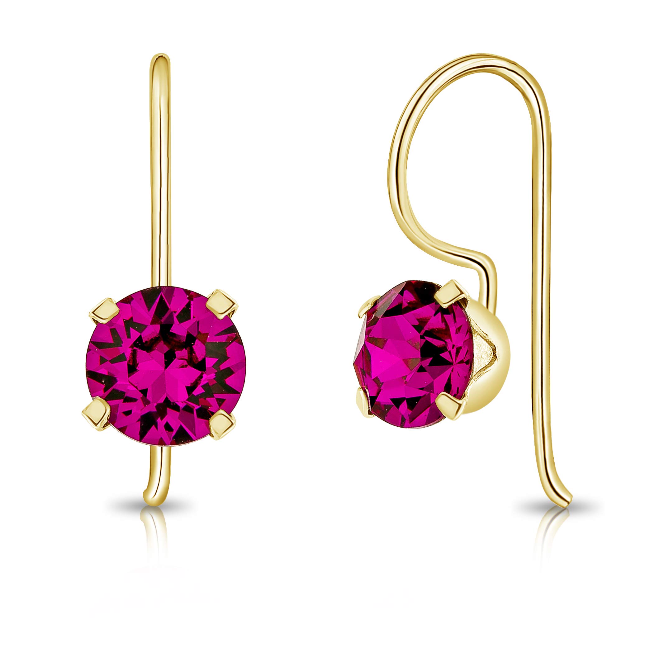 DTPSilver - 925 Sterling Silver Yellow Gold Plated Round Fixed Hook Earrings made with Glittering Crystals from Swarovski® Elements - Diameter: 6 mm - Colour : Fuchsia