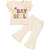 Kayotuas Toddler Baby Girl Birthday Outfit Ruffle Ribbed Knit Short Sleeve T-Shirts Tops Flare Pants Cute 2 Piece Clothes Set