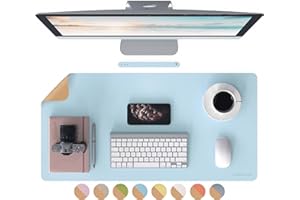 RENMTURE Dual-Sided Desk Pad, Faux Leather Natural Cork Non-Slip Large Mouse mats for Office and Home Work, Desk Protector (Light Blue, 32"x16")