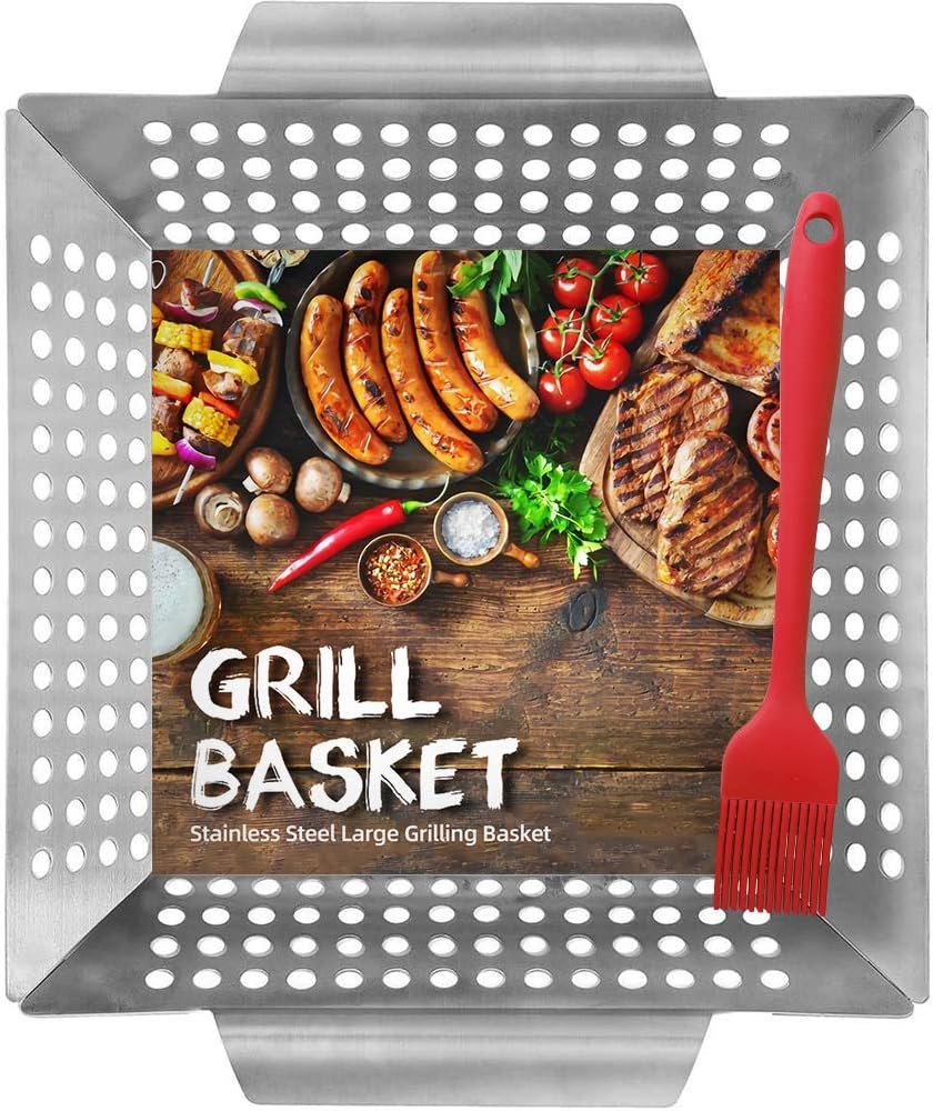 HomeMall Grill Basket for Vegetables & Meat - Large BBQ Grilling Basket - Stainless Steel Barbecue Grilling Accessories for Veggies, Kabobs, Seafood - Bonus Basting Brush : Garden & Outdoor