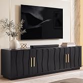 YITAHOME 70" Mid Century Modern TV Stand for 80 Inch TV, Storage, Black | Entertainment Center with Wavy Fluted Doors &amp; Adjustable Shelves, Media Console for Living Room, TV Cabinet, up to 75/80" TV