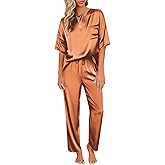 Ekouaer Womens Satin Silky Pajama Set Short Sleeve Shirt with Long Pajama Pant Set Soft PJ Loungewear