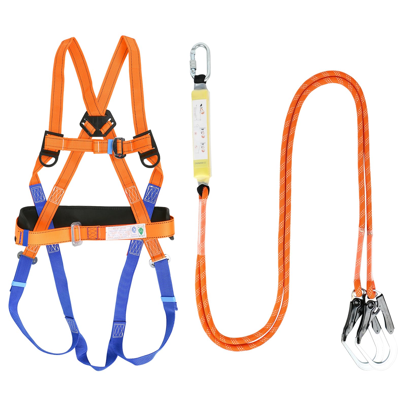 Btstil Safety Harness Kits with Lanyard, Fall Protection Safety Harness, Five-Point High-Altitude Operation Safety Belt with Double Large Hook & Safety Rope Buffer (Orange)
