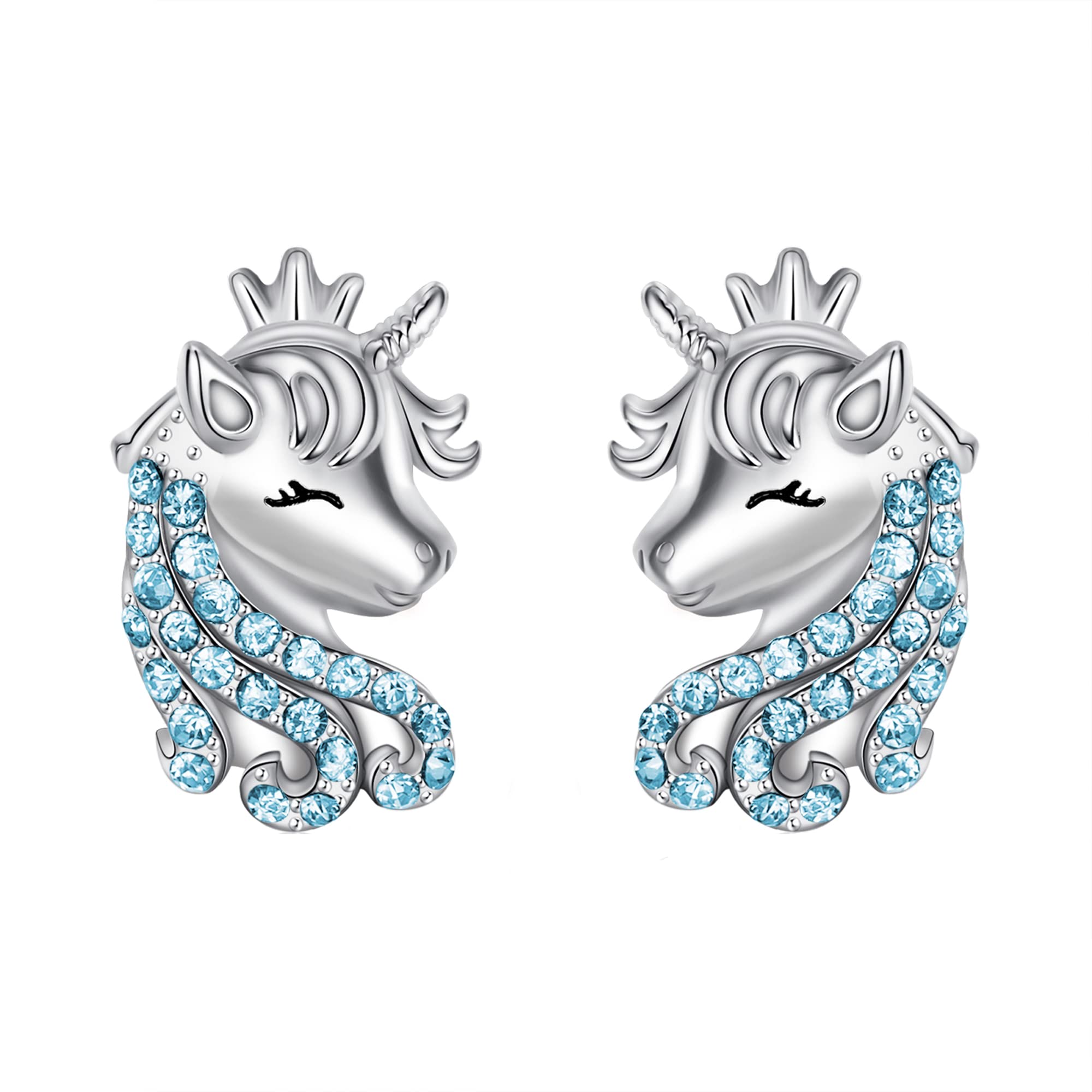 Unicorn Earrings for Girls, 925 Sterling Silver Blue CZ Lucky Unicorn Stud Earrings Birthday Christmas Jewellery Gifts for Daughter Granddaughter