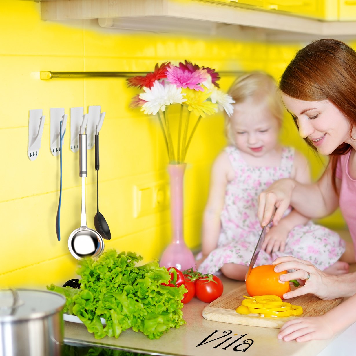 4 Self-stick Multi-purpose Utility Hooks by Vila: Sturdy and strong, holds up to 2 lbs: Easy removal with NO wall damage: Perfect for a dorm room or rental apartment