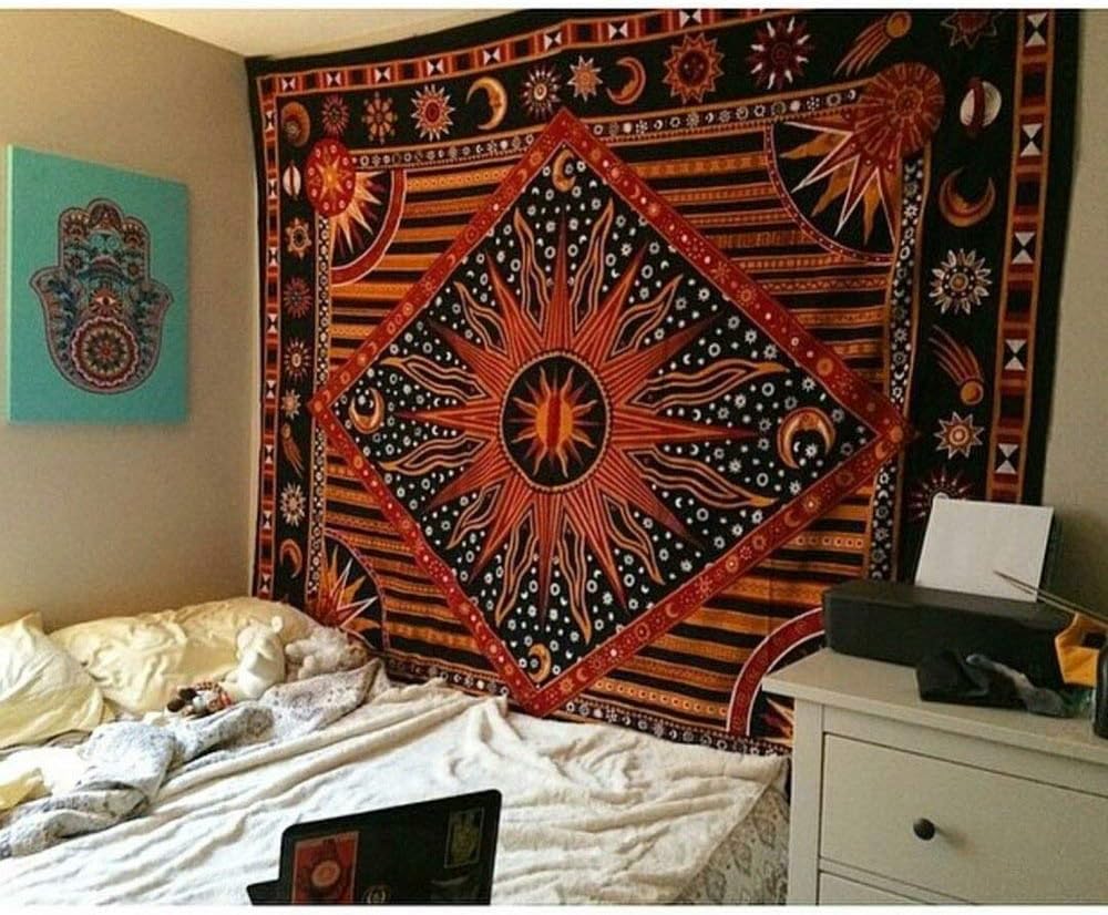 Tapestries - Popular Handicrafts Tapestry Wall Hanging Hippie Burning Sun and Moon Meditation Bohemian Hippy Psychedelic Design Indian Tapestries Bedspread 90 x 108 inches (230cm x 270cm) Green