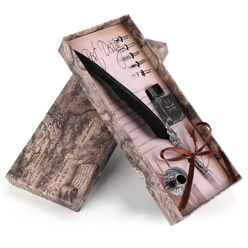 KIKYO Quill Feather Pen 5 Replacement Nibs + Dip Ink Bottle Retro Dip Pen Perfect Vintage Gift Box for Art and Craft(Retro black)
