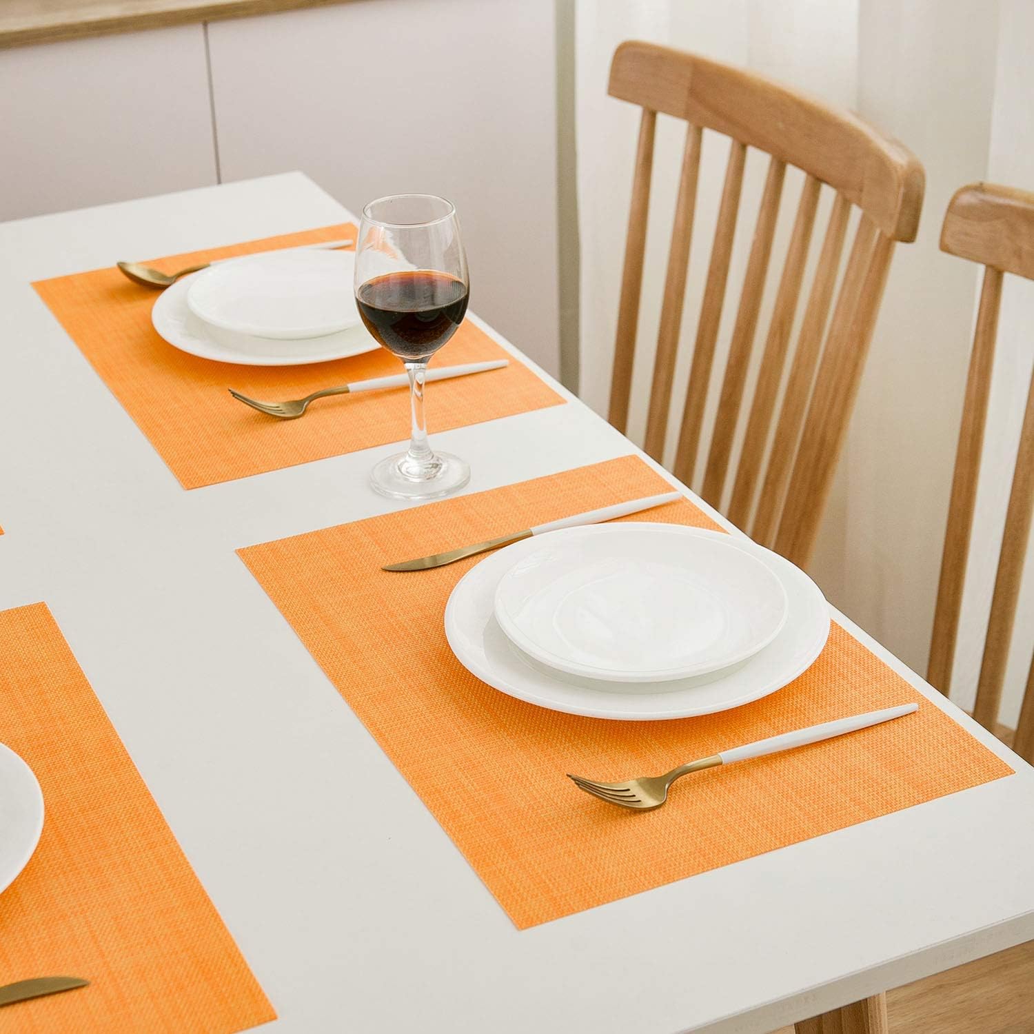 Fall Placemats Place Mat Orange Table Mats Set of 4 Non Slip Easy to Clean Wipeable Crossweave Woven Vinyl Washable Place Mats for Dining Kitchen Restaurant Table: Home & Kitchen