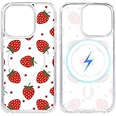 OOZ Crystal Phone Case Magnetic for iPhone 15 Case Clear Compatible with MagSafe Red Strawberry Pattern Bumper Shockproof Protective Slim Cover for iPhone 15 6.1inch Women Girls