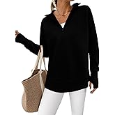 PRETTYGARDEN Womens Long Sleeve Quarter Zip Pullover Sweater Casual Loose V Neck Collared Ribbed Knit Jumper Tops Thumb Hole