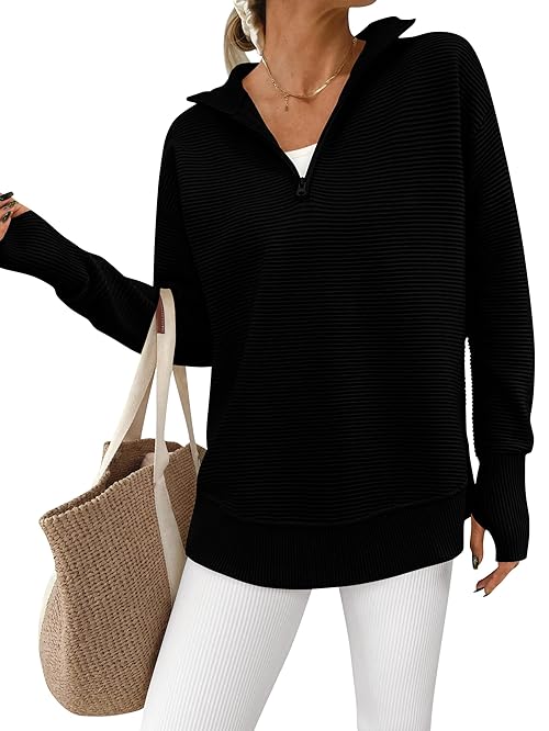 PRETTYGARDEN Womens Long Sleeve Quarter Zip Pullover Sweater Casual Loose V Neck Collared Ribbed Knit Jumper Tops Thumb Hole(Black,Medium)