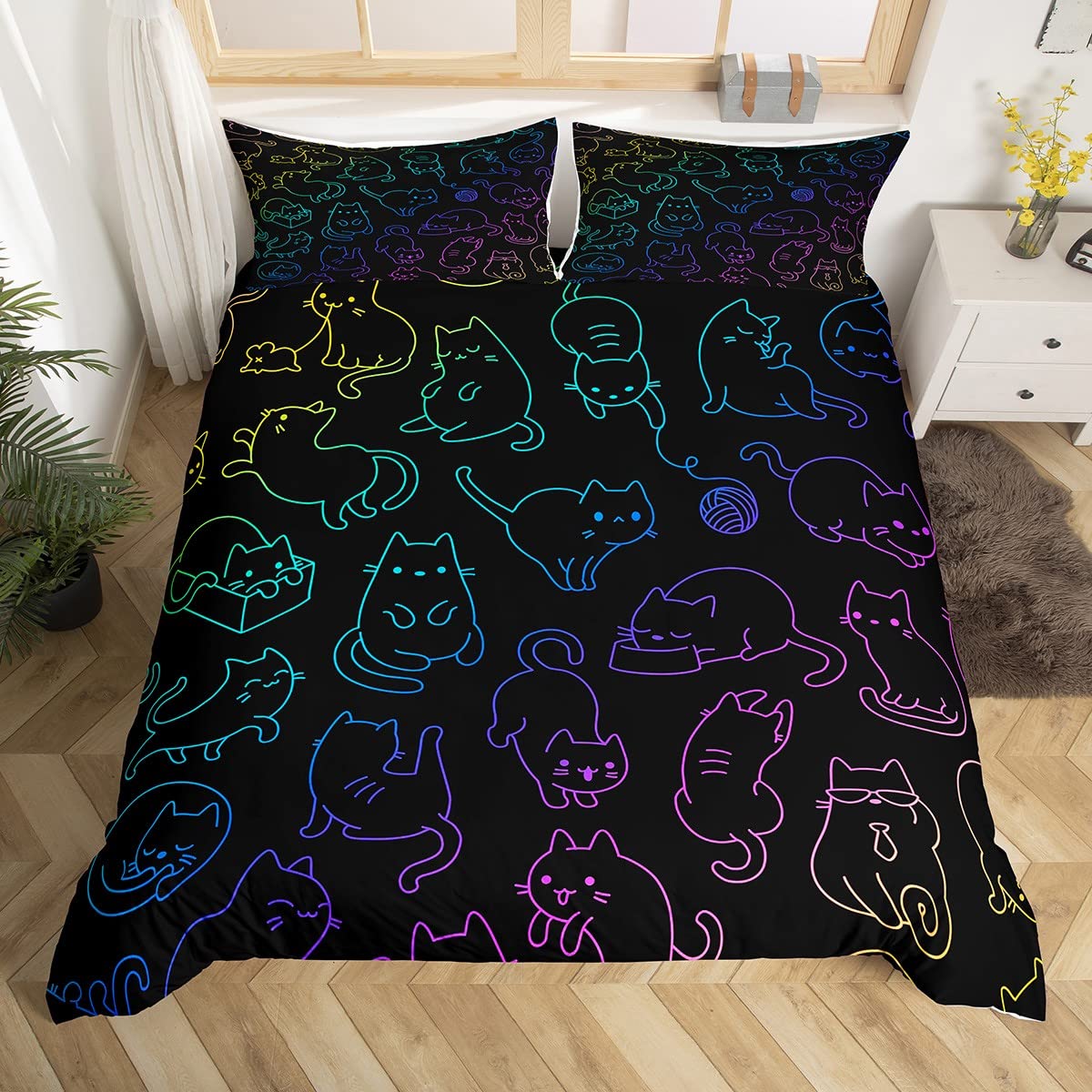 Homewish Cute Kawaii Comforter Cover Neon Cat Bed Set for Kids Toddler, Glowing Animal Duvet Cover Single Rainbow Kitten Bedding Sets Colorful Gradient Bedspread Cover, Black Reversible