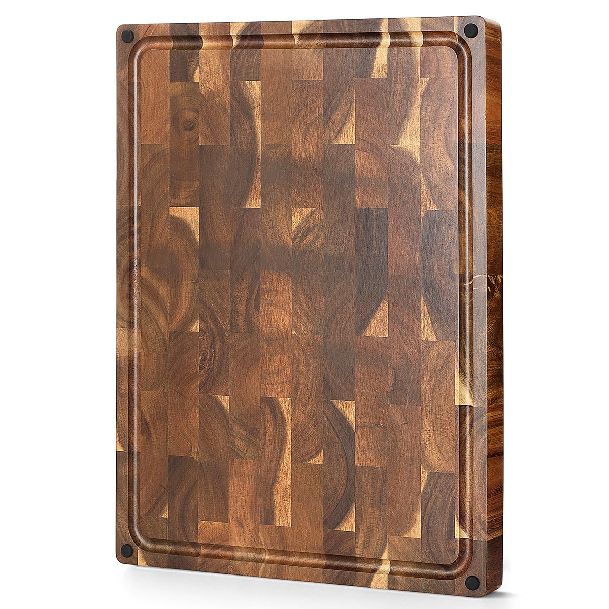 XINZUO Large Thick End Grain Acacia Wood Cutting Board- (19''L x 14''W x 1.5''T) Reversible Wooden Chopping Board with Non-Slip Feet, Built-in Handles and Juice Groove- Butcher Block Cutting Board