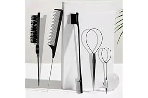 Black 5-Piece Professional Hair Styling Kit – Edge Brush, Teasing Comb & Rat Tail Tools