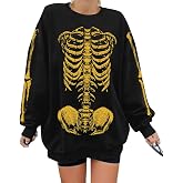 Oversized Halloween Sweatshirt Women Gothic Skeleton Graphic Pullover Shirt | Y2K Punk Skull Print Sweatshirts Halloween Party Pullover Casual Fall Winter Holiday Long Sleeve Tops