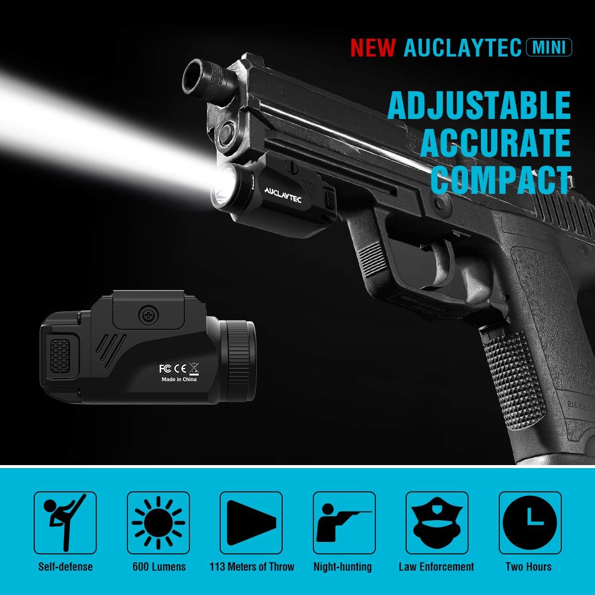 AUCLAYTEC Mini 600 Lumens Gun Flashlight Compact Rail Mount Tactical Flashlight with Adjustable Rail with Strobe for Pistols Fits Picatinny MIL-STD-1913 Glock Taurus Ruger Springfield H&K S&W: Sports & Outdoors