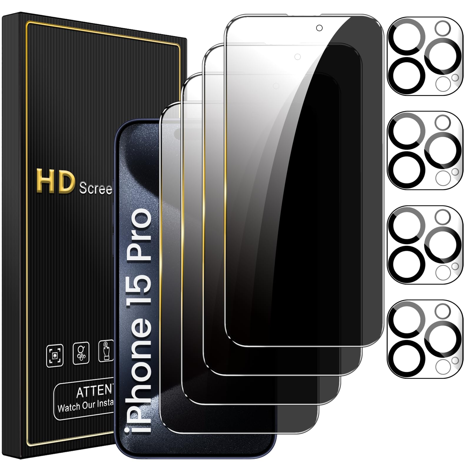 Photo 1 of Romkasi 4 Pack Privacy Screen Protector for iPhone 15 Pro 6.1 Inch with 4 Pack Camera Lens Protector, Anti Spy Tempered Glass Film, Anti-Scratch, Touch Sensitive, Case Friendly
