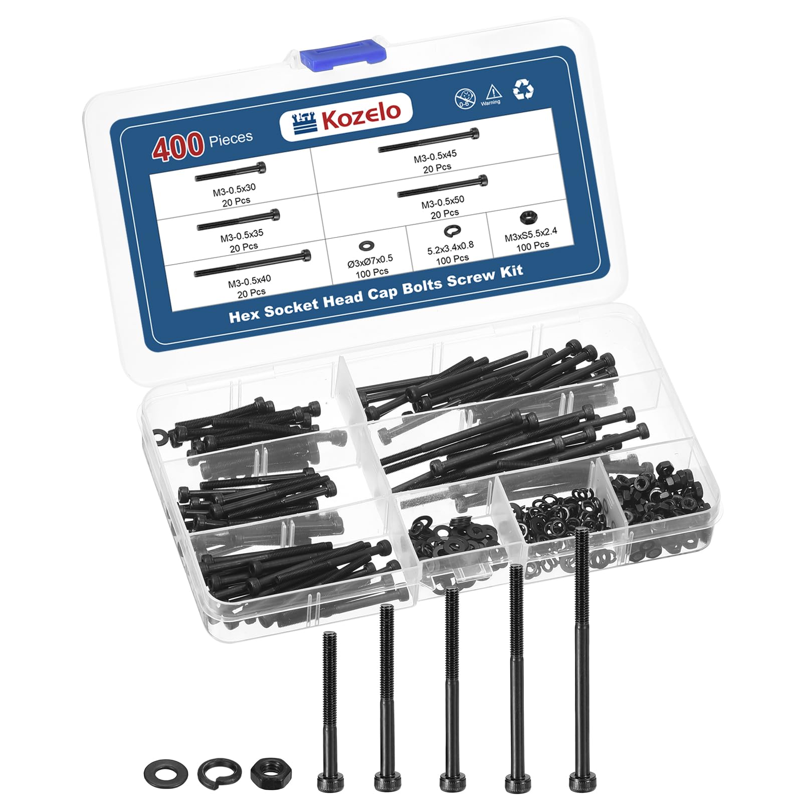 Kozelo 400pcs M3 Socket Head Cap Screws Bolts Nuts Assortment Kit - [M3x30/35/40/45/50mm] Alloy Steel Fully Threaded Black Oxide 12.9 Internal Hex Screw for 3D Printer Use