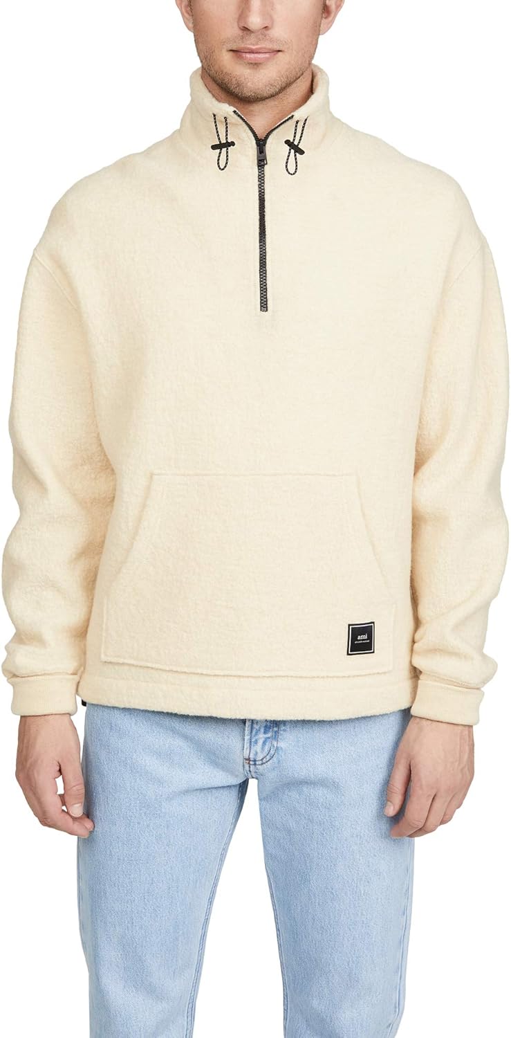AMI Men's Fleece Quarter Zip Pullover, Off White, Large Amazon.in