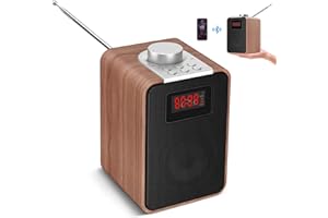 DCOVOR Bluetooth Fm Radio, Retro Radio Plug in Wall Vintage Wooden Bluetooth Speaker Portable Shortwave Radio with LED Display, 2000mAH Rechargeable with Rotary Knob for Outdoor Indoor Office