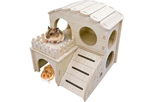 HAMILEDYI Hamster Wood House Wooden Hamster Hideout Maze Double-Decker Huts with Climbing Ladder for Syrian Dwarf Gerbil Mouse