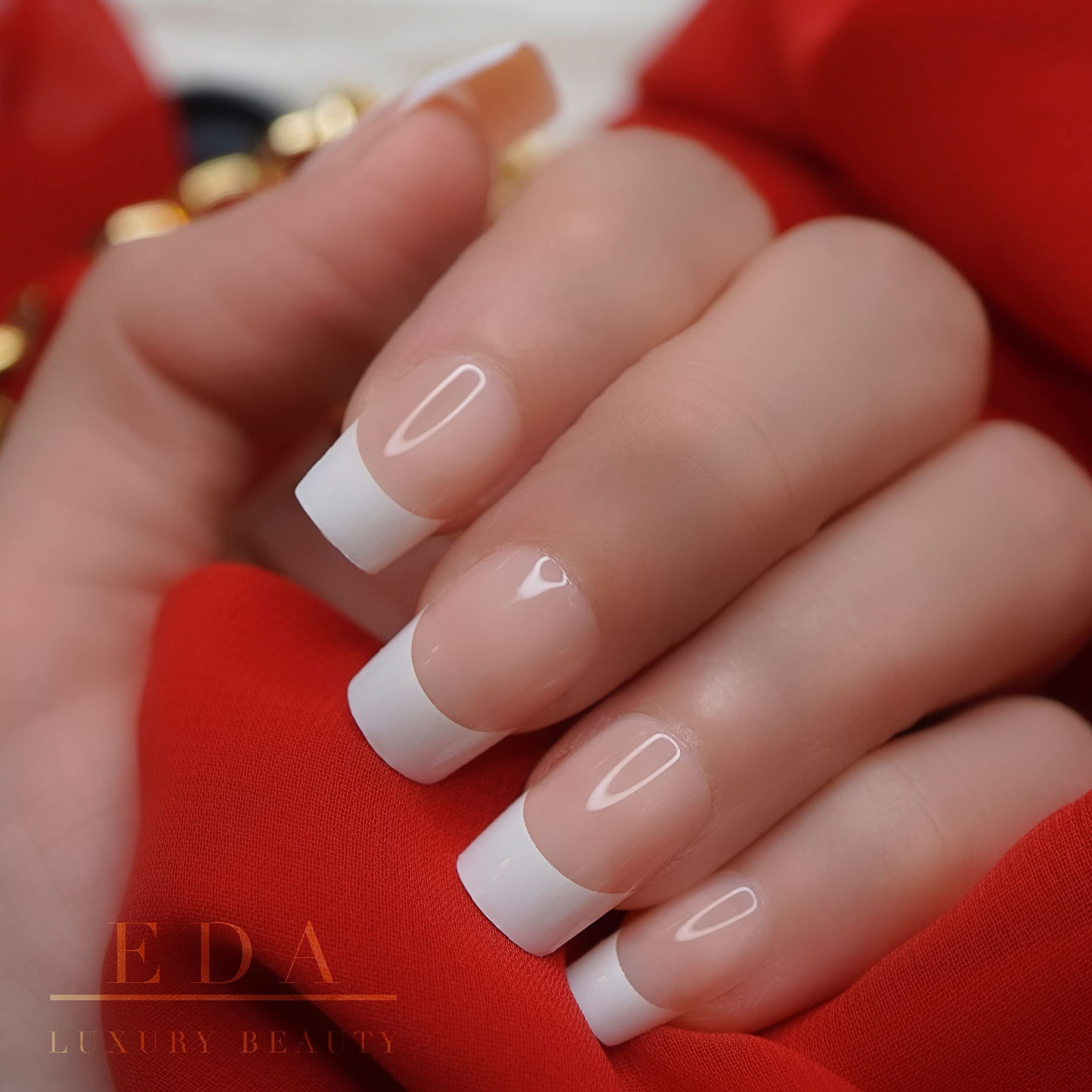 Eda Luxury Beauty Natural Nude Pink White French Luxe Design Full Cover Press On Nails Acrylic Nail Kit Artificial Nail Tips False Nails Extra Long Ballerina Coffin Square Nail Art Fake Nails