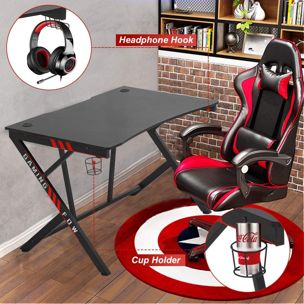 Gaming Desk Computer Desk Home Office Desk Racing Style Study DeskExtra Large Modern Ergonomic PC Carbon Fiber Writing Desk Table with Cup Holder Headphone Hook: Furniture & Decor