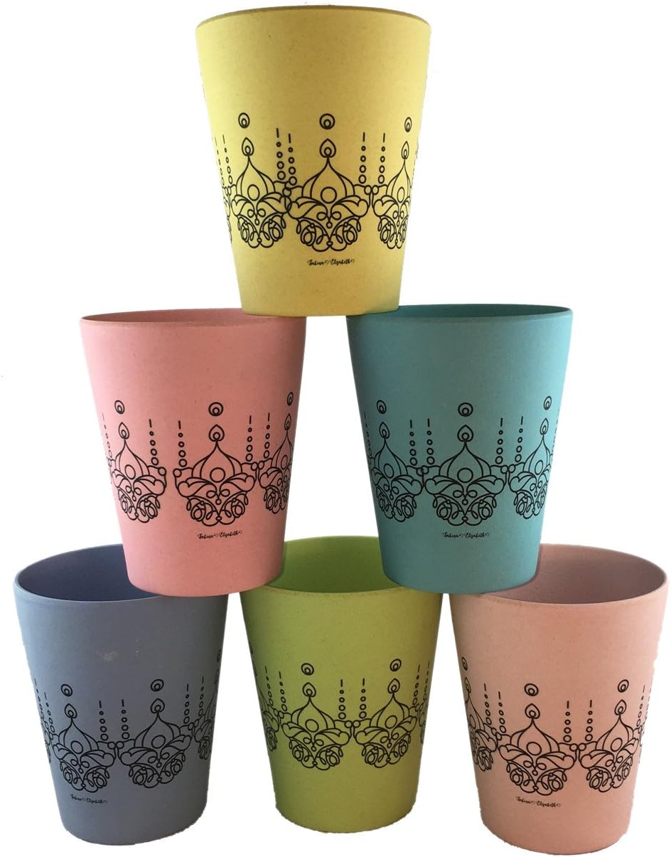 Unique Designer Cups (6) for Hot/Cold liquids. Colorful Natural Bamboo Fiber. Eco Friendly and Biodegradable. Ideal for Adults and Children in the Home or Outdoors for Picnics, Poolside, Camping....