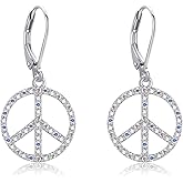 Peace Sign Earrings 925 Sterling Silver Colorful Rainstone Peace Sign Drop Earring for Women Hippie Accessories Jewelry for Women