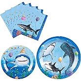 WERNNSAI Shark Birthday Decorations - 48PCS Shark Party Plates and Napkins Under The Sea Birthday Supplies Blue Ocean Plates Tableware for Kids Boys Baby Shower Summer Pool Party Decor Serves 16 Guest