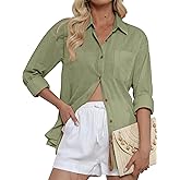 CUNLIN Women's Button Down Shirts Long Sleeve Cotton Summer Beach Wear for Women with Pocket