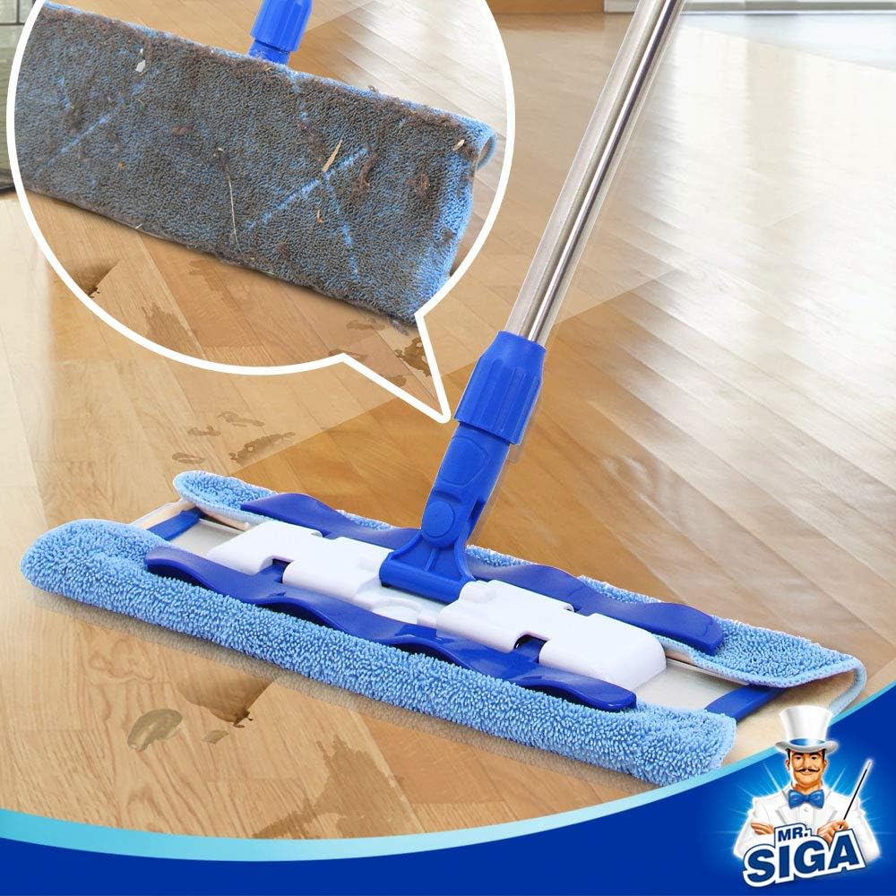 MR.SIGA Professional Microfiber Mop for Hardwood, Laminate, Tile Floor Cleaning, Stainless Steel Handle - 3 Reusable Flat Mop Pads and 1 Dirt Removal Scrubber Included: Home & Kitchen