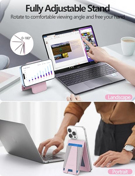 HIWE FOR MAGSAFE WALLET, MAGNETIC WALLET WITH ADJUSTABLE STAND, EIFFEL-TOWER MAGSAFE WALLET STAND FOR IPHONE 16/16 PRO/15/14/13/12 SERIES, OPEN ID WINDOW, 8 CARD HOLDER, VEGAN LEATHER, PINK AND GRAY