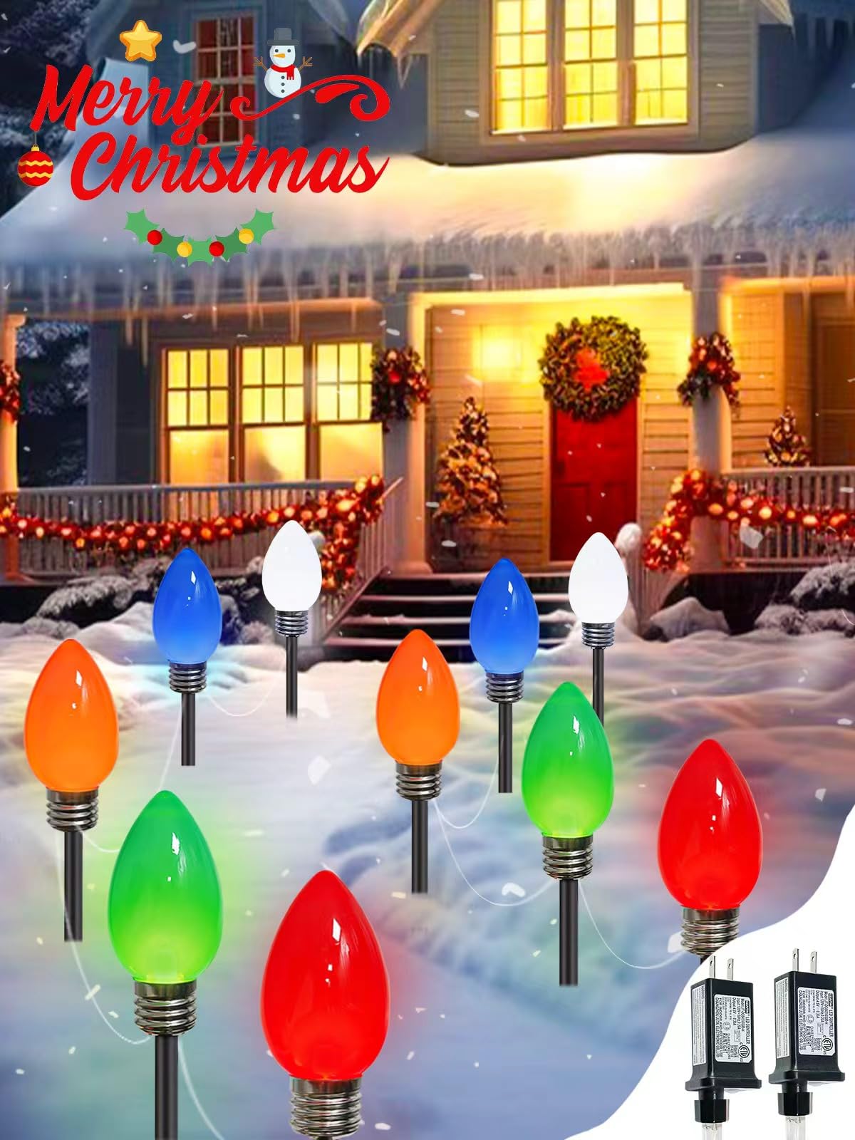 Photo 1 of 10 Pack Large C9 Christmas Decorations Outdoor, Waterproof C9 Christmas Lights Plug in with 2 Modes and Timer, Pathway Light for Party Indoor Courtyard Patio Lawn Garden Xmas Decoration (Multicolor)