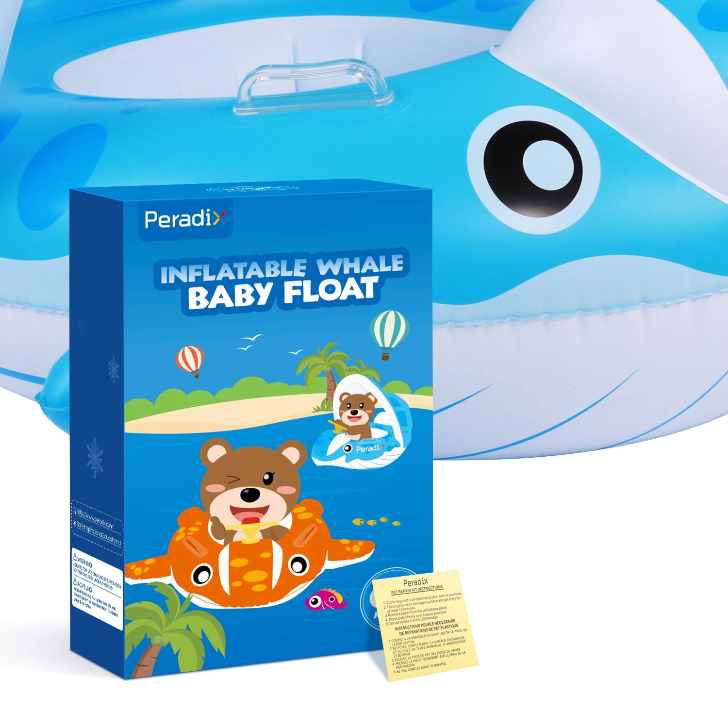 Peradix Piscina Salvagente per Bambini con Tettuccio Parasole Mutandina e Patch di Riparazione Baby Nuoto Anello Salvagente Regolabile Barca Gonfiabile Anello(Balena Blu)