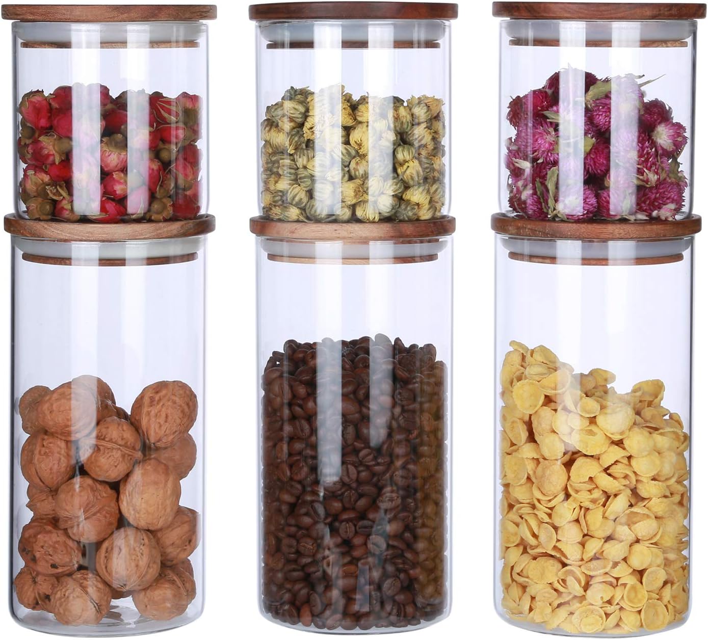 KKC Kitchen Glass Storage Containers with Airtight Wood Lids,Glass Storage Jars Airtight Lids,Clear Glass Kitchen Canisters for Candy,Coffee Beans,Loose Tea,Sugar,Flour,Wooden Lid Cannister,Pack of 6