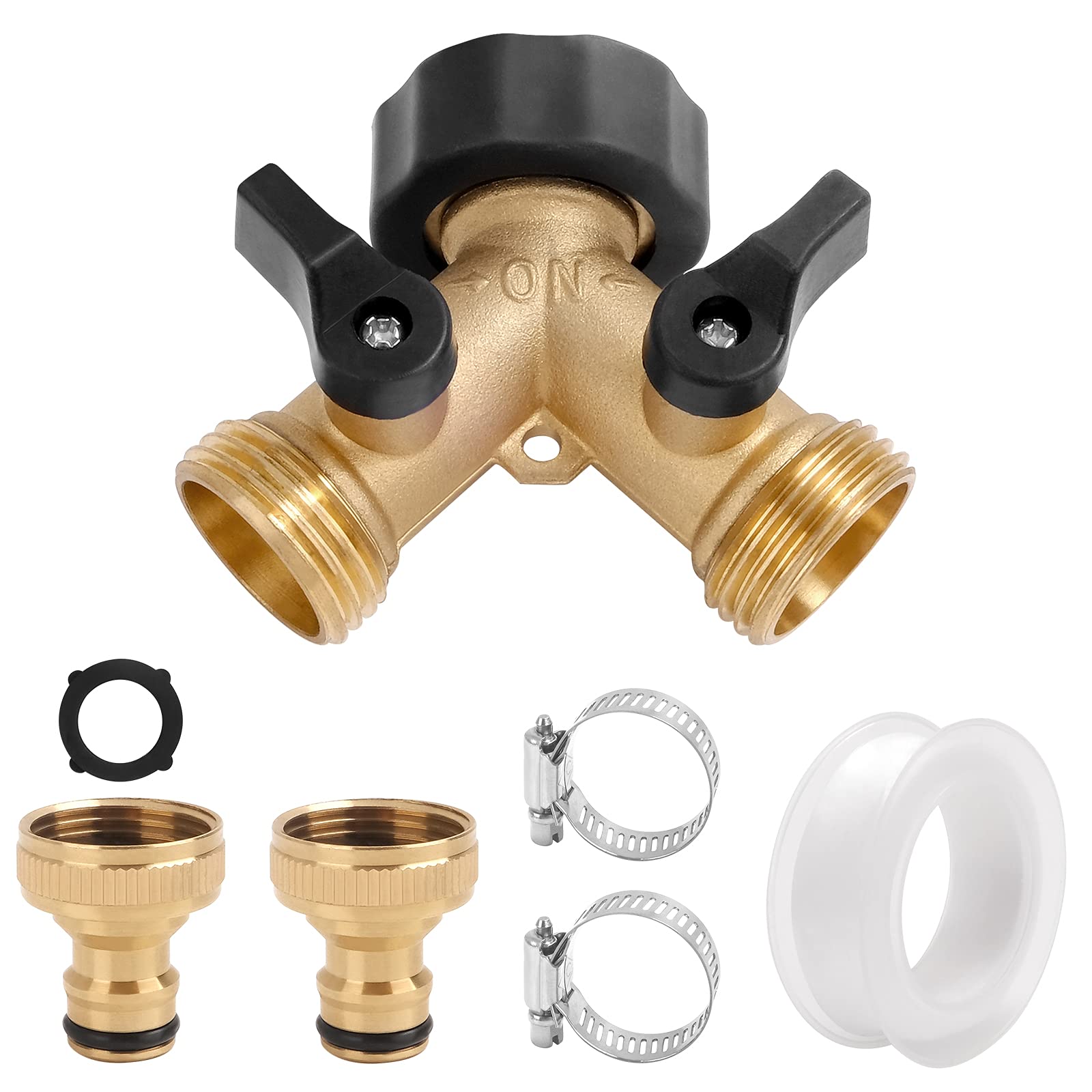 Garden Hose Splitter, 2 way Brass Tap,3/4" Tap Y Valve Splitter Hose Connector, with Individual On/off and Two Quick Connector