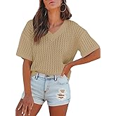 Dokotoo Womens Casual Summer Tops V Neck Short Sleeve Shirts Solid Hollow Out Lightweight Loose Fit Sweater Blouses