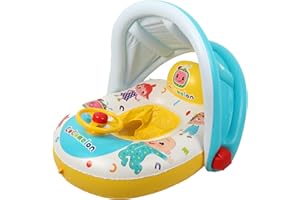 ARAKHAN Winnie Connie Cocomelon Inflatable Baby Swimming Pool Float with Removable Sun Protection Canopy, Toddler Float with Seat, Steering Wheel with Honk, No Flip Over Baby Swim Float for 2-7 Years Old