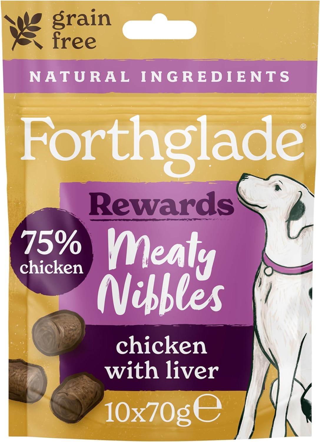 Forthglade Meaty Nibbles (10 x 70g Bags) - Hypoallergenic & Grain Free Dog Treats with Chicken and Liver, Natural Dog Treats, Training Rewards with 75% Chicken