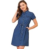 Allegra K Women's Jean Dress Short Sleeve Tie Waist Casual Button Down Shirt Denim Dresses