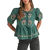 Joiemont Womens Short Puff Sleeve Floral Embroidery Poplin Front Self Tie Detail Peplum Top Blouse