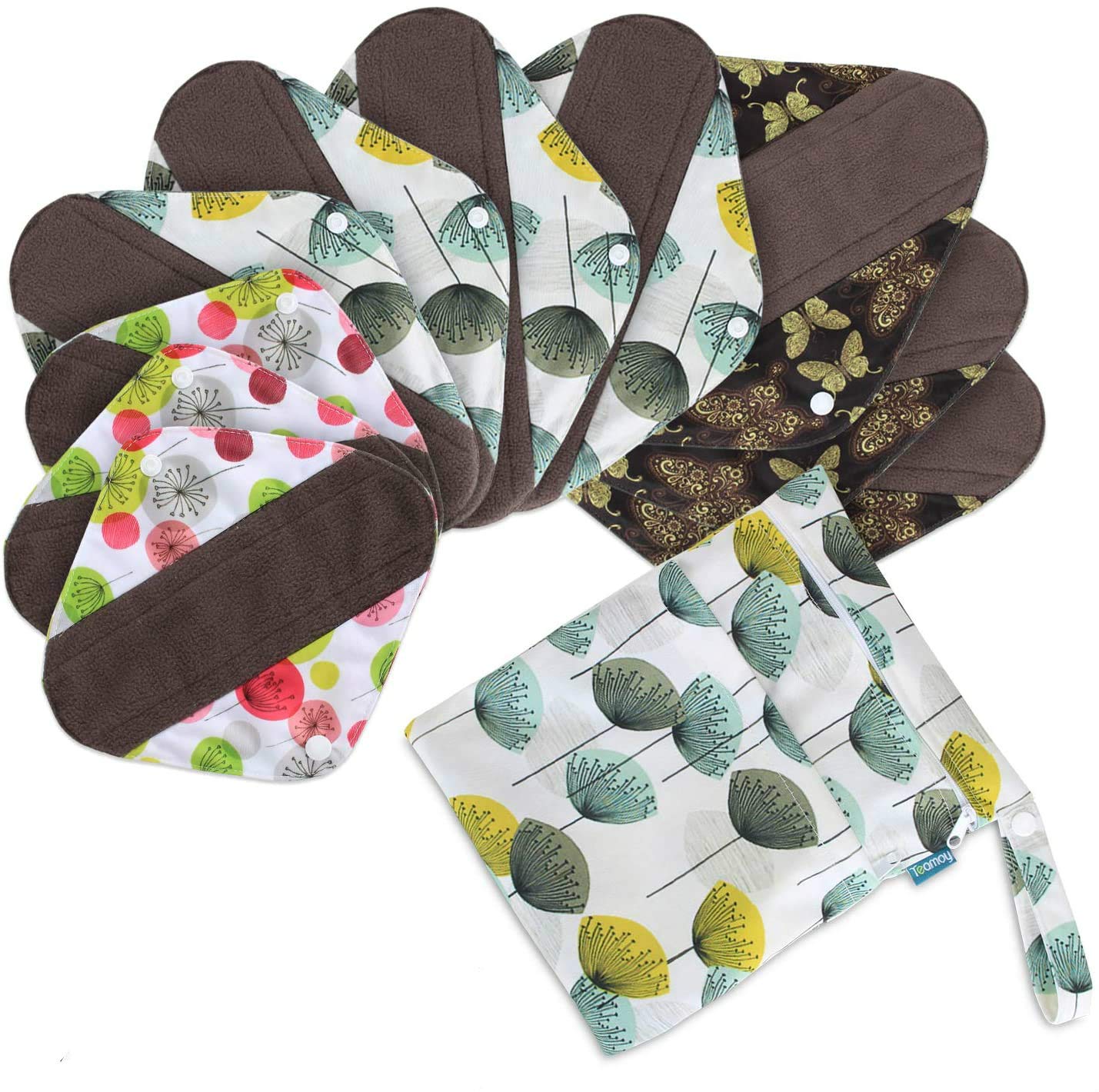 Teamoy Reusable Sanitary Pads(Pack of 10) for Women, with Wet Dry Bag, Washable Bamboo Sanitary Towels (3pcs × 20cm + 4pcs × 25.4cm + 3pcs × 29.5cm)