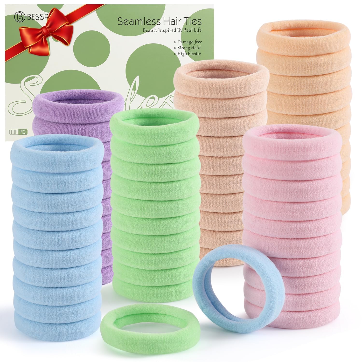 Photo 1 of 100 Pcs Thick Seamless Hair Ties, Ponytail Holders Hair Accessories No Damage for Thick Hair (Candy Colors)