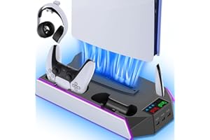 RJAD PS5/PS5-Slim-Cooling-Station-with-Controller-Charging-Station for PlayStation 5 Console Disc/Digital, LED Light Cooling Stand with Cooler Fan for PS5 Accessories with 3 USB Hubs/Headset Holder