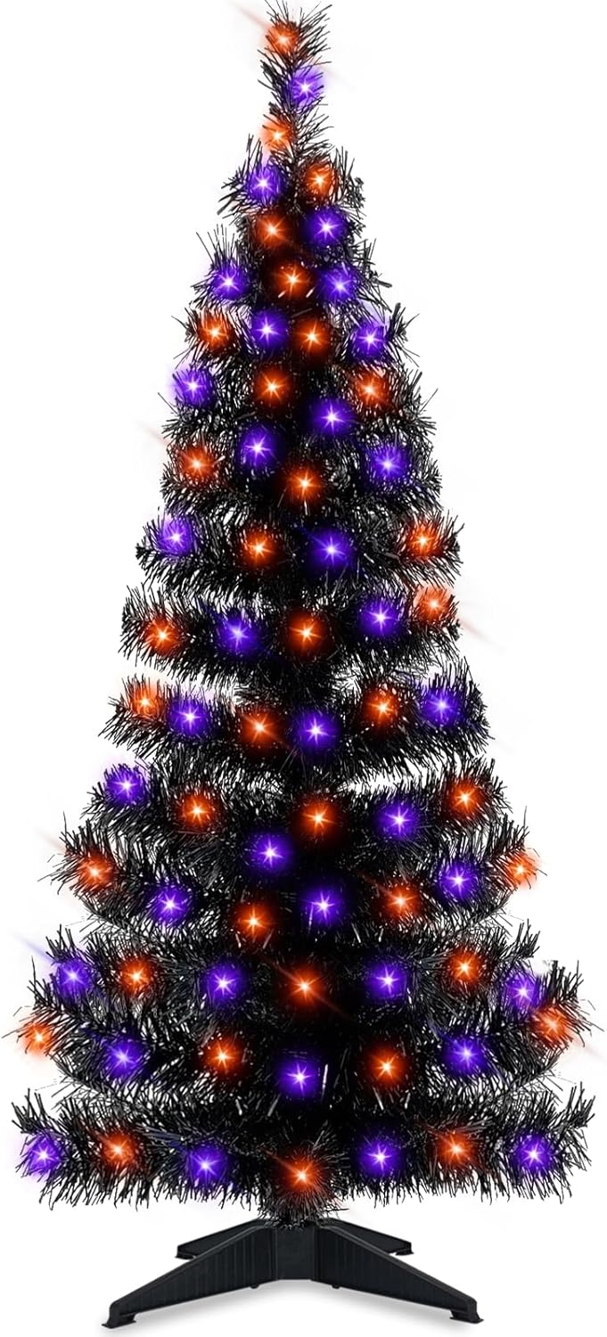 Trees - TURNMEON 4 Feet Lighted Artificial Halloween Black Tree with 80 LED Lights Timer 8 Flashing Modes Halloween Scary Decorations for Home Office Party Indoor Outdoor Xmas Christmas Tree, Warm White