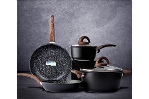 Vkoocy Pots and Pans Set Non Stick, Ceramic Cookware Set with Granite Pattern, Induction Kitchen Cooking Sets w/Frying Pans, Saucepans, Casserole with Lids, Non-Toxic, PTFE/PFOA/PFOS-Free, Black