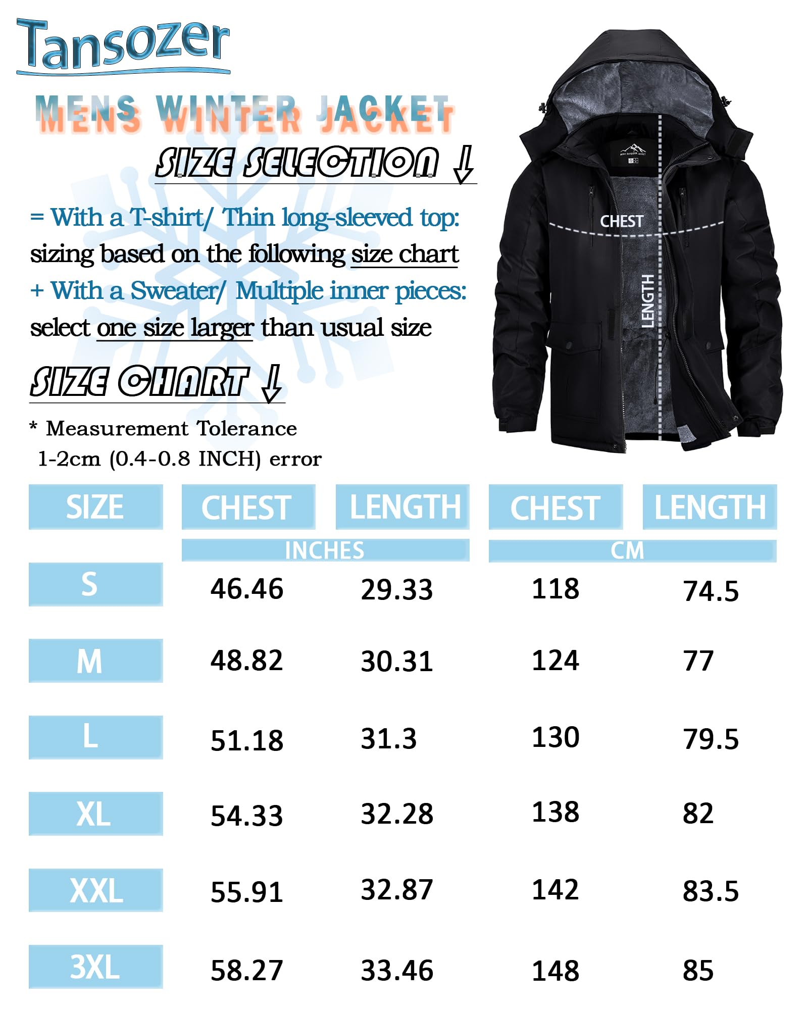 Tansozer Herren Winterjacke Winddicht Atmungsaktiv Wasserabweisend Gefüttert Wander Regenjacke, Schwarz, L 2